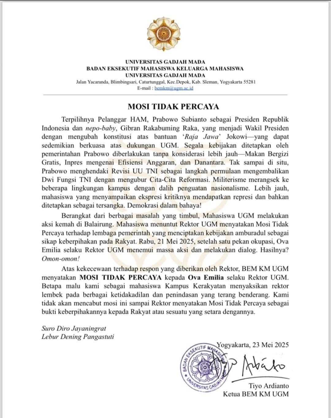 BEM KM UGM Nyatakan Mosi Tidak Percaya kepada Rektor Terkait Dinamika Politik Nasional BEM KM UGM Nyatakan Mosi Tidak Percaya kepada Rektor Terkait Dinamika Politik Nasional